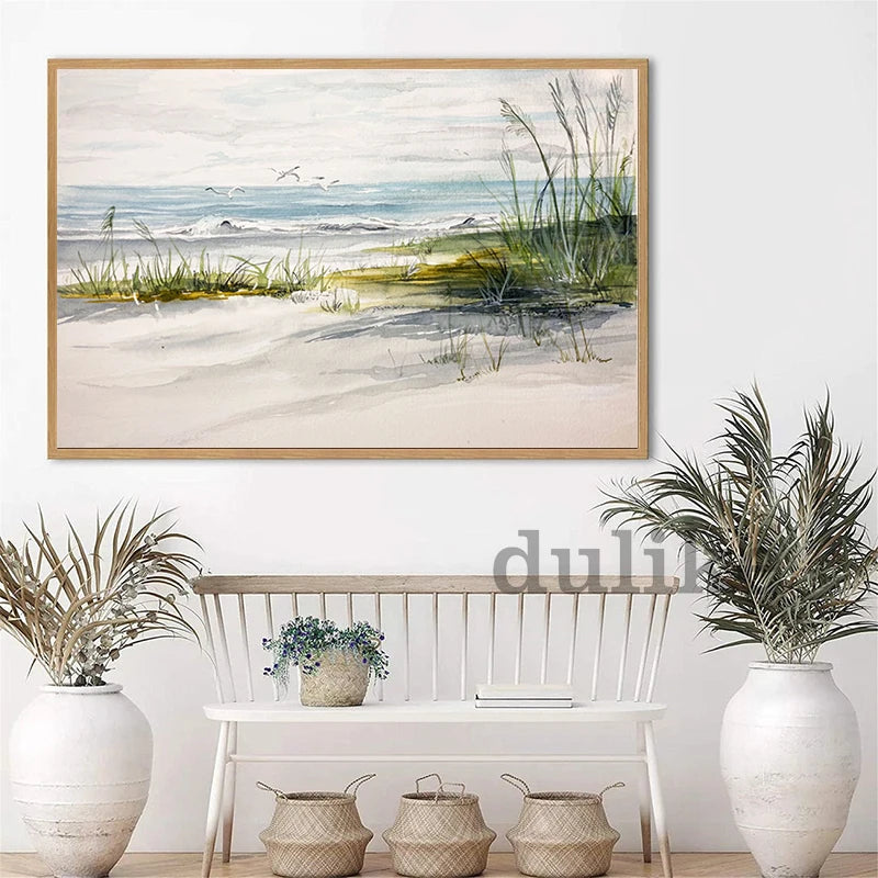 Watercolor Oceanside Coast Beach Painting Canvas Poster Coastal Seashore Fine Art Prints Seaside Cottage Wall Decoration Picture
