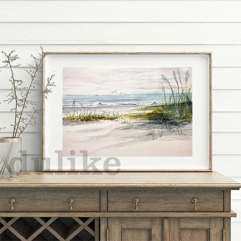 Watercolor Oceanside Coast Beach Painting Canvas Poster Coastal Seashore Fine Art Prints Seaside Cottage Wall Decoration Picture