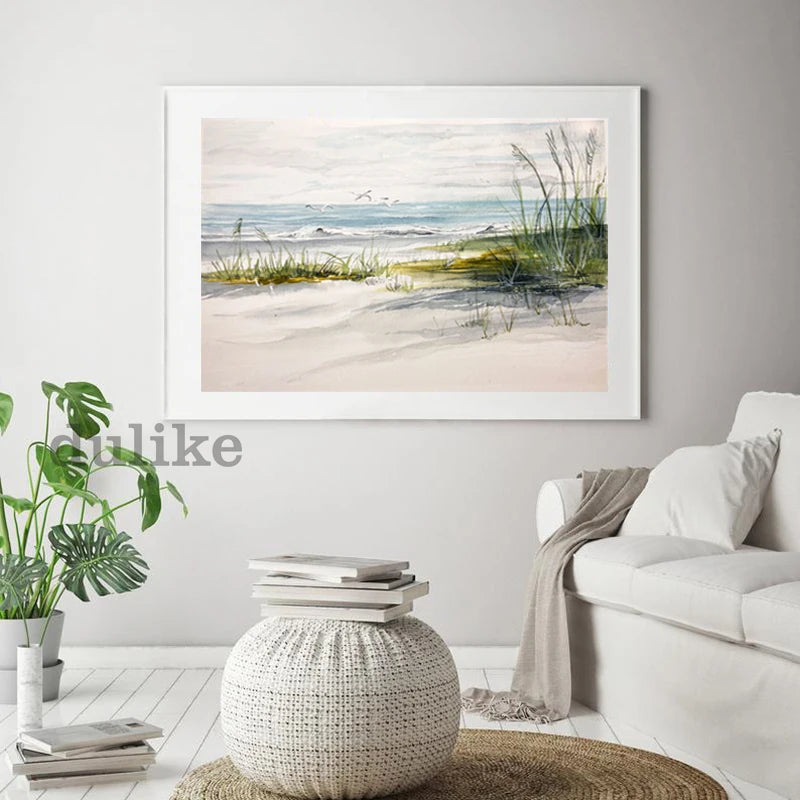Watercolor Oceanside Coast Beach Painting Canvas Poster Coastal Seashore Fine Art Prints Seaside Cottage Wall Decoration Picture