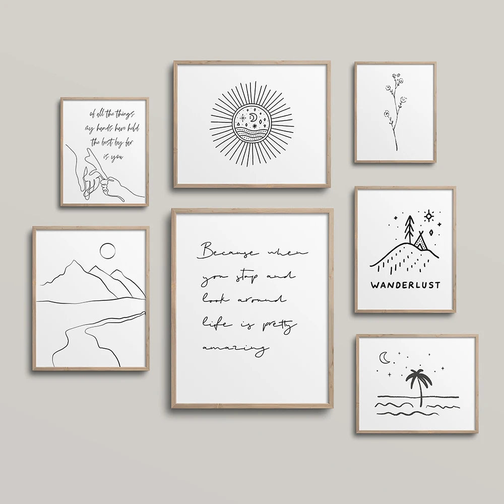 Black White Adventure Motivational Quote Posters Fine Line Wall Art Prints Canvas Painting Nordic Wall Pictures Kids Room Decor