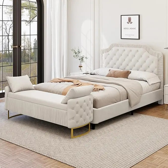 2 Pieces King Bedroom Sets, King Size Ruched and Button Tufted Velvet Upholstered Bed Frame and Storage Ottoman Bench
