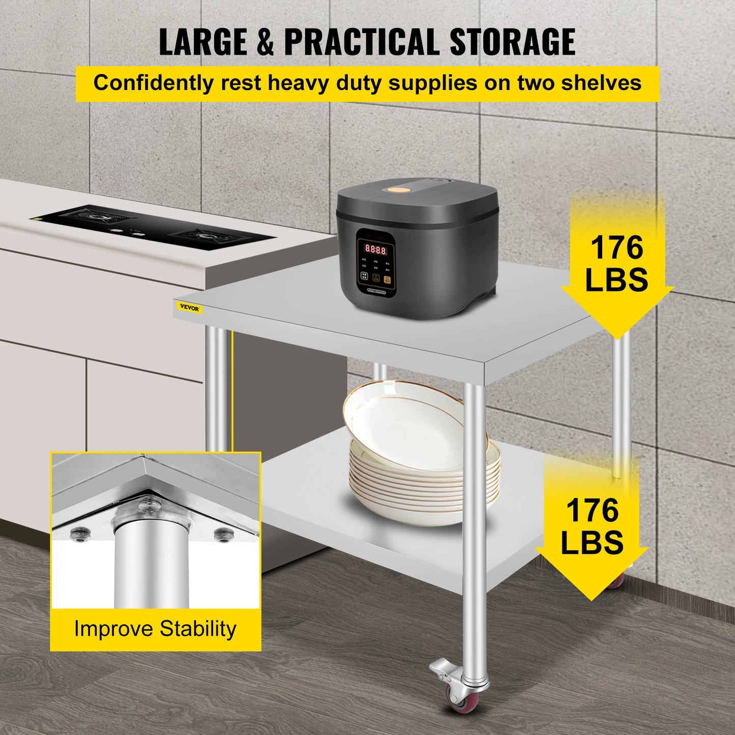 VEVOR Stainless Steel Kitchen Prep Table With 4 Caster Wheels & Backsplash Loads Up to 100KG-300KG for Home Storage Rack Dining
