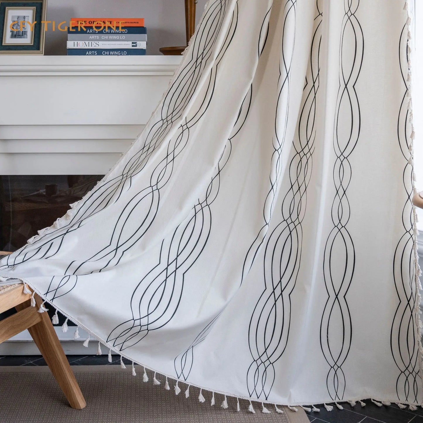 Cotton Linen Black Curve Print with Tassel Window Curtain Semi-shading Drapes for Living Room Bedroom Kitchen Door Drapes