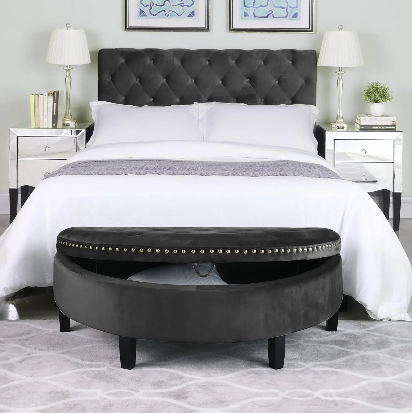 Storage Ottoman Button Tufted Velvet Upholstered Gold Nailhead Trim Espresso Finished Wood Legs Bench Modern Transitional