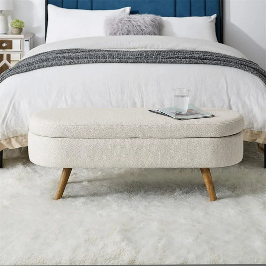 43.5" Storage Ottoman Bench with 250lb Seating, Linen Upholstered Wood Legs Safety Hinge Flip Top Oval