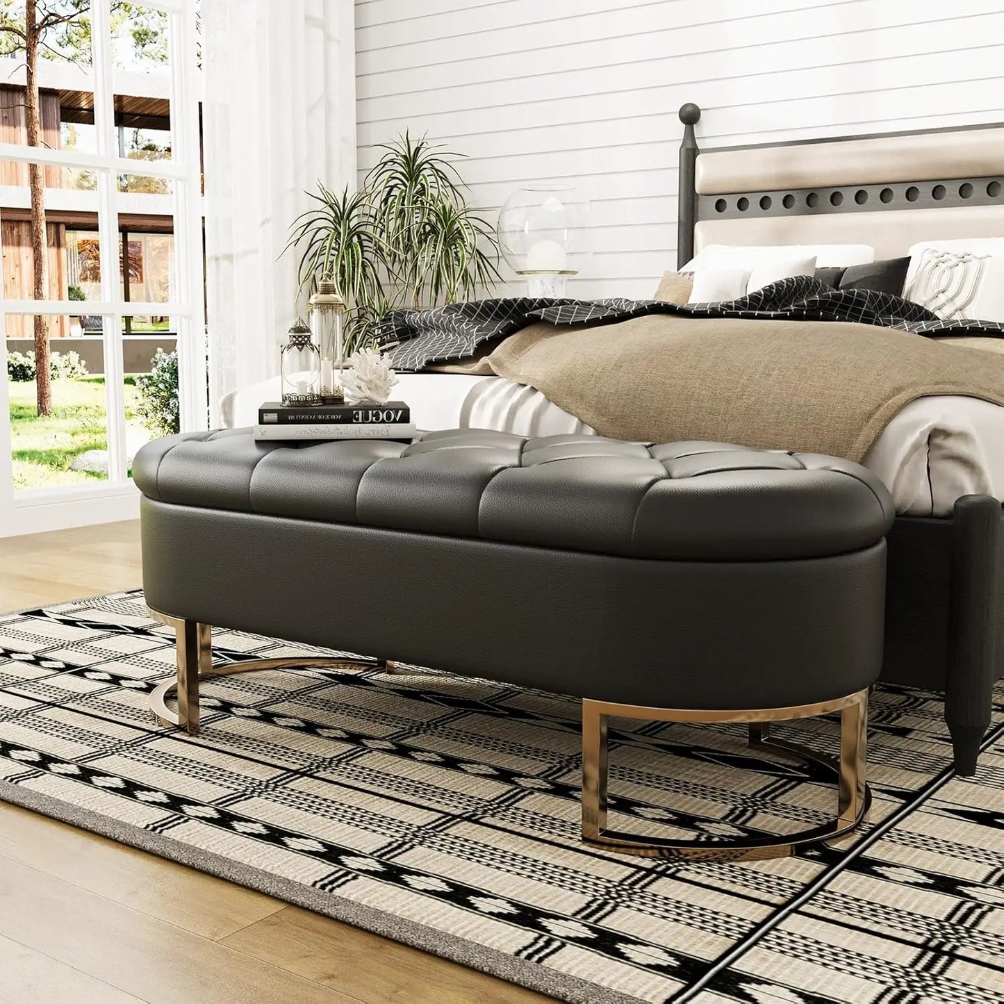 LUX 50''L Ottoman Storage Bench Upholstered Leather with Metal Legs