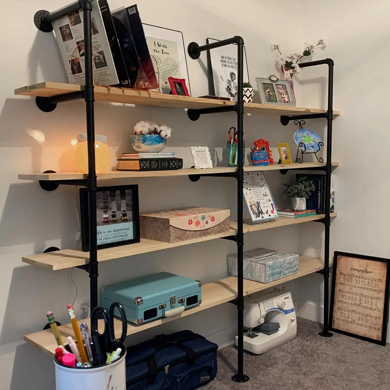 HITOMEN Industrial Iron Pipe Shelves, 2 Set 5-Tier 70.5" Tall 12" Depth, DIY Open Bookshelf Bookcase, Wall Mounted Vintage Retro