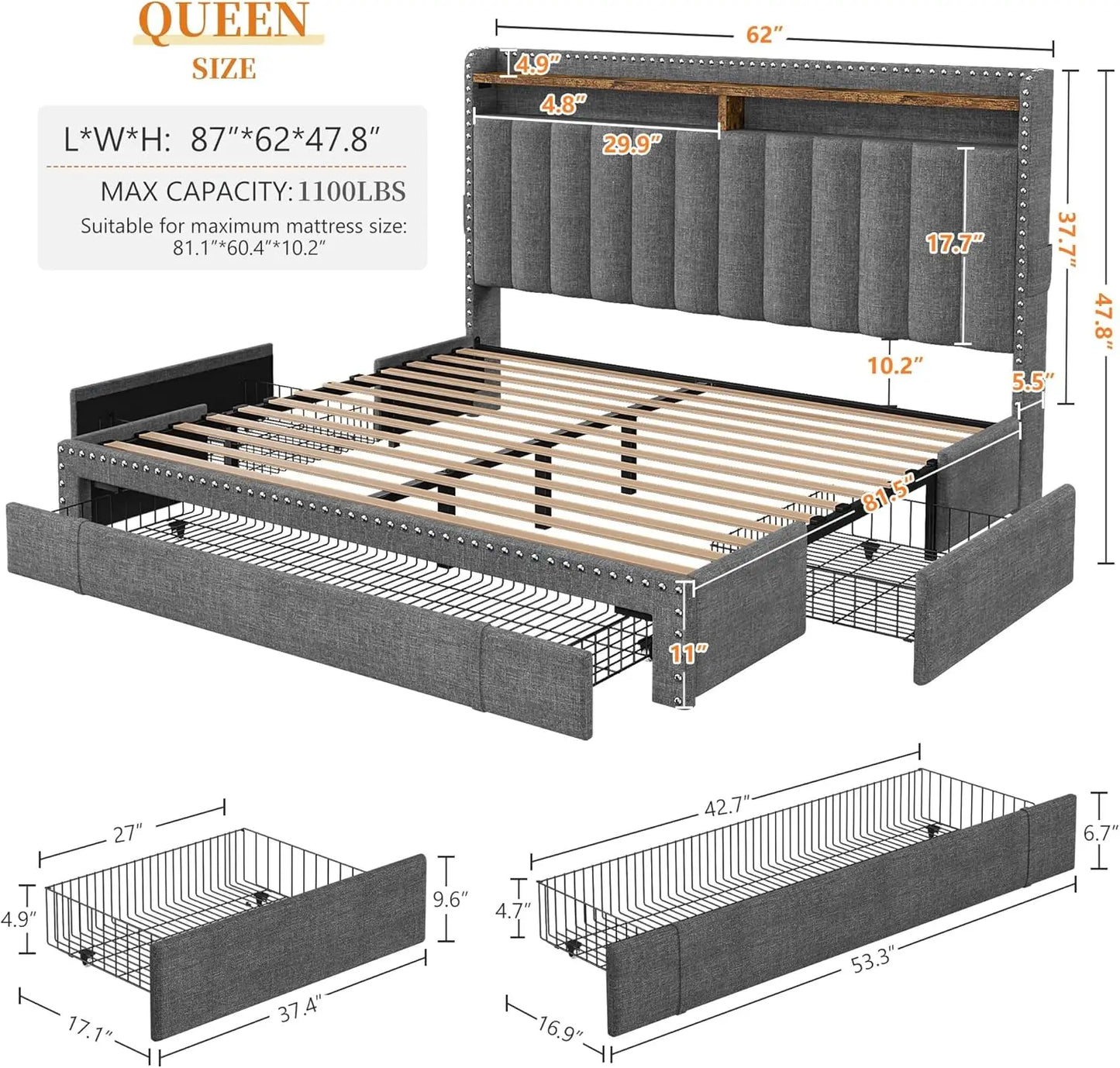 Queen Bed Frame with 3 Drawers Upholstered Bed Frame Size with Headboard,Size Frame, Frame with