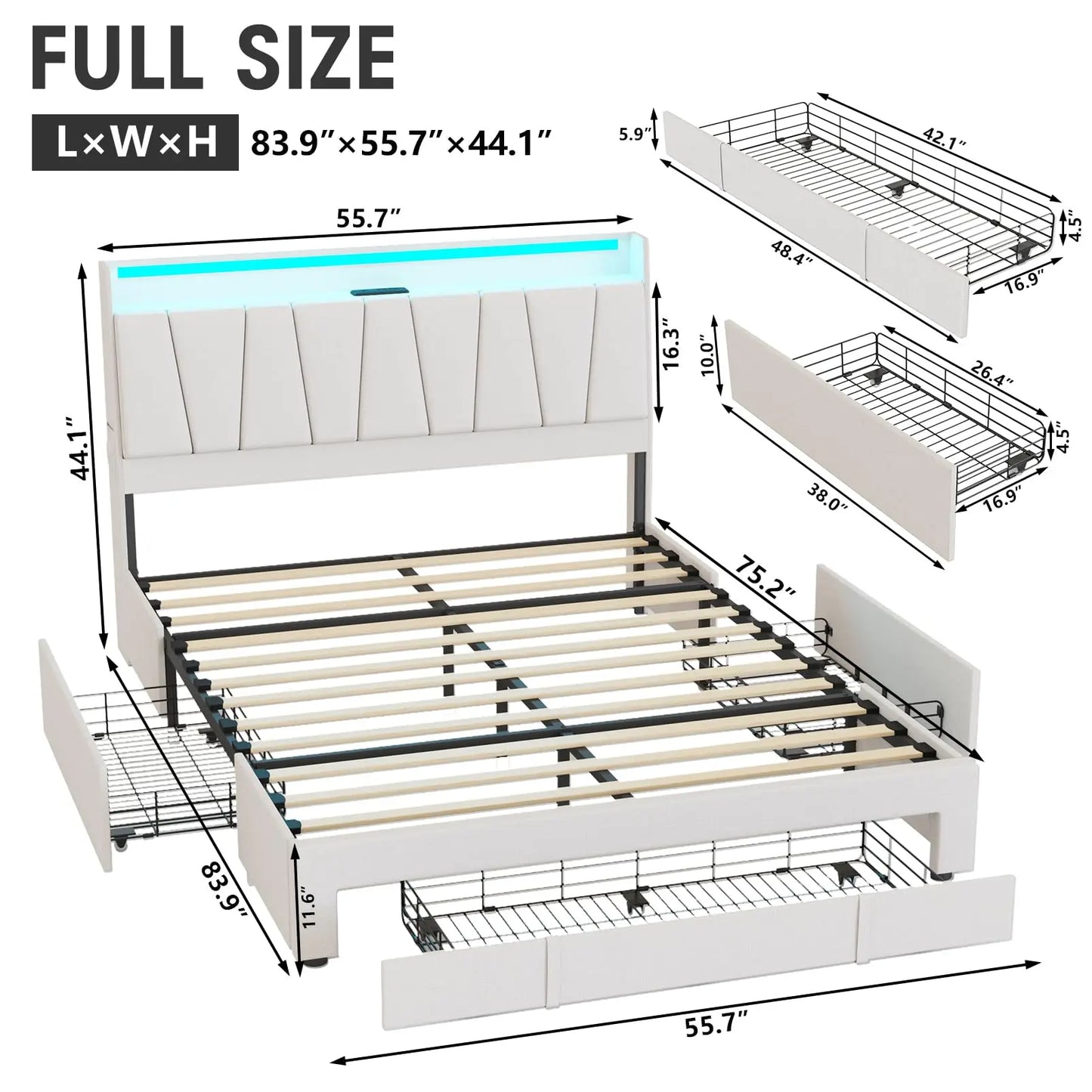 Vabches Queen Bed Frame with Storage Headboard&LED Lights Upholstered Platform Bed Frame with 3 Drawers&Power Outlet for Bedroom