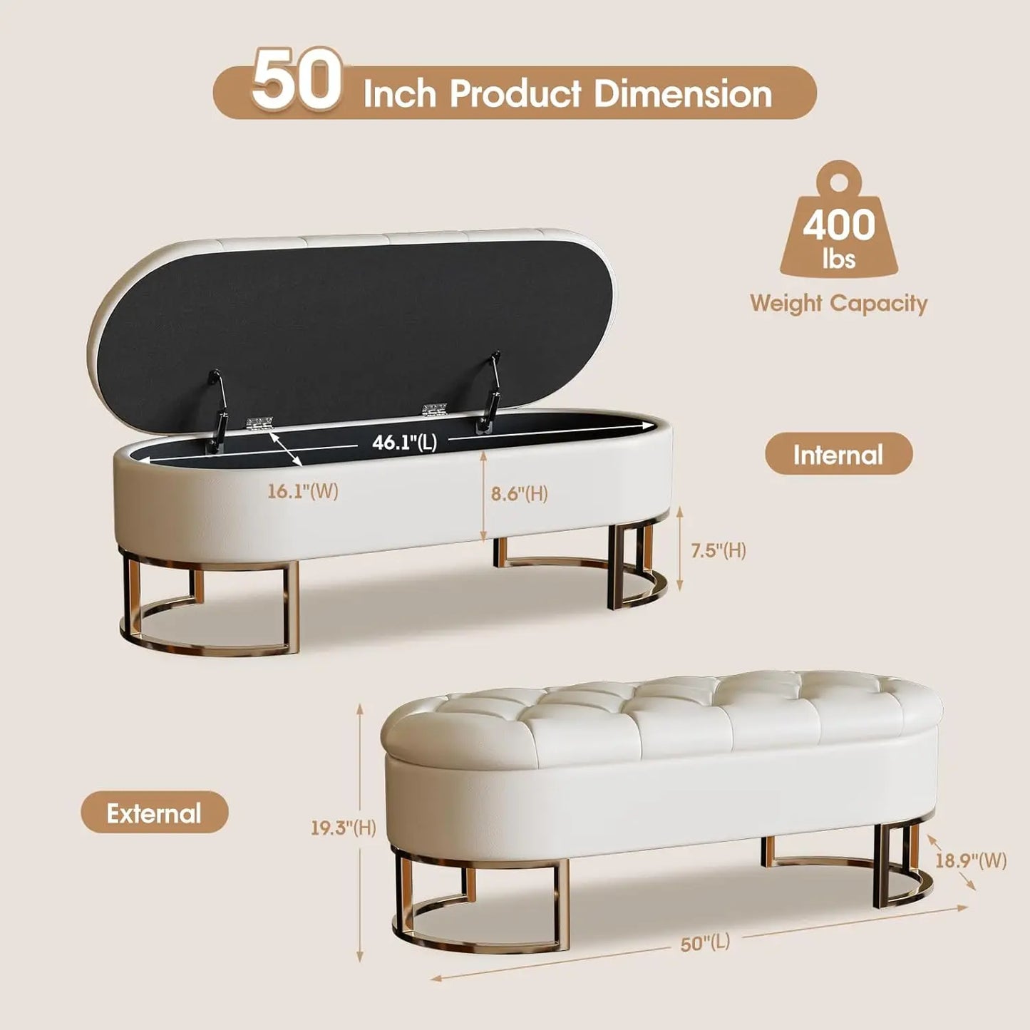 LUX 50''L Ottoman Storage Bench Upholstered Leather with Metal Legs