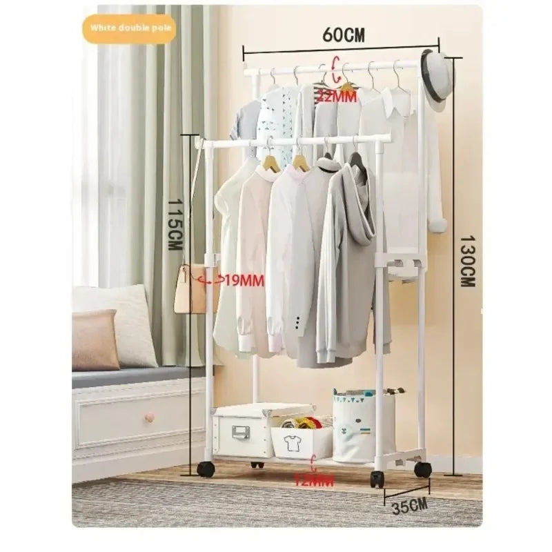 Coat Rack Movable Double Clothes Shelf Simple Rod Clothes Floor-Standing Bedroom Telescopic Floor Hangers Storage Coat Rack