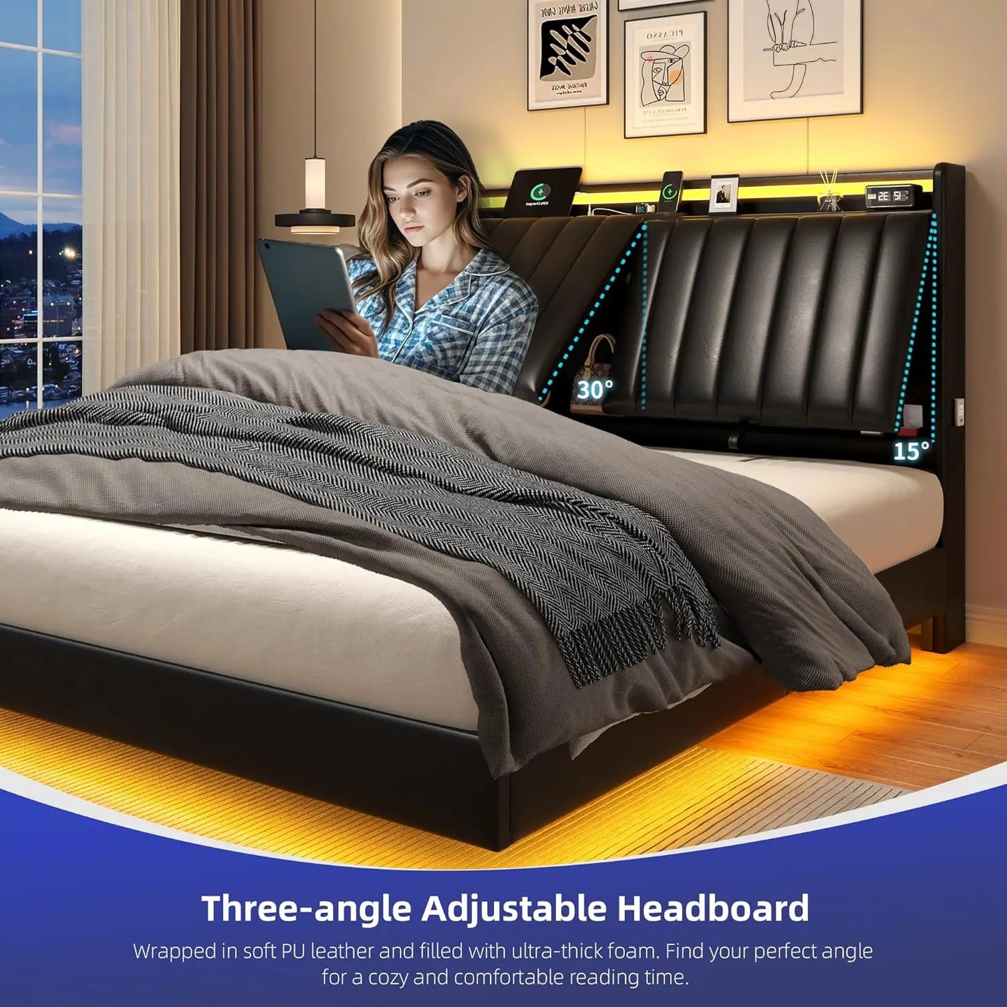 Hidden Storage Headboard and LED Lights, Visual Floating LED Bed Frame with Charing Station, Leather Upholstered Platform Bed,Lo