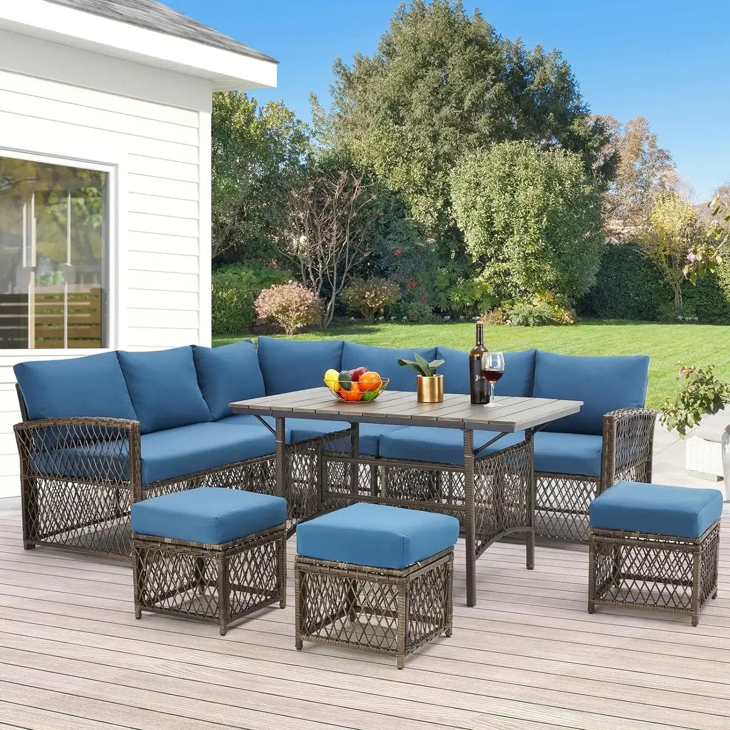 Patio Furniture Set, 7 Pieces Wicker Outdoor Sectional Sofa with High Table and Chairs, Dining Set with Ottoman for Garden