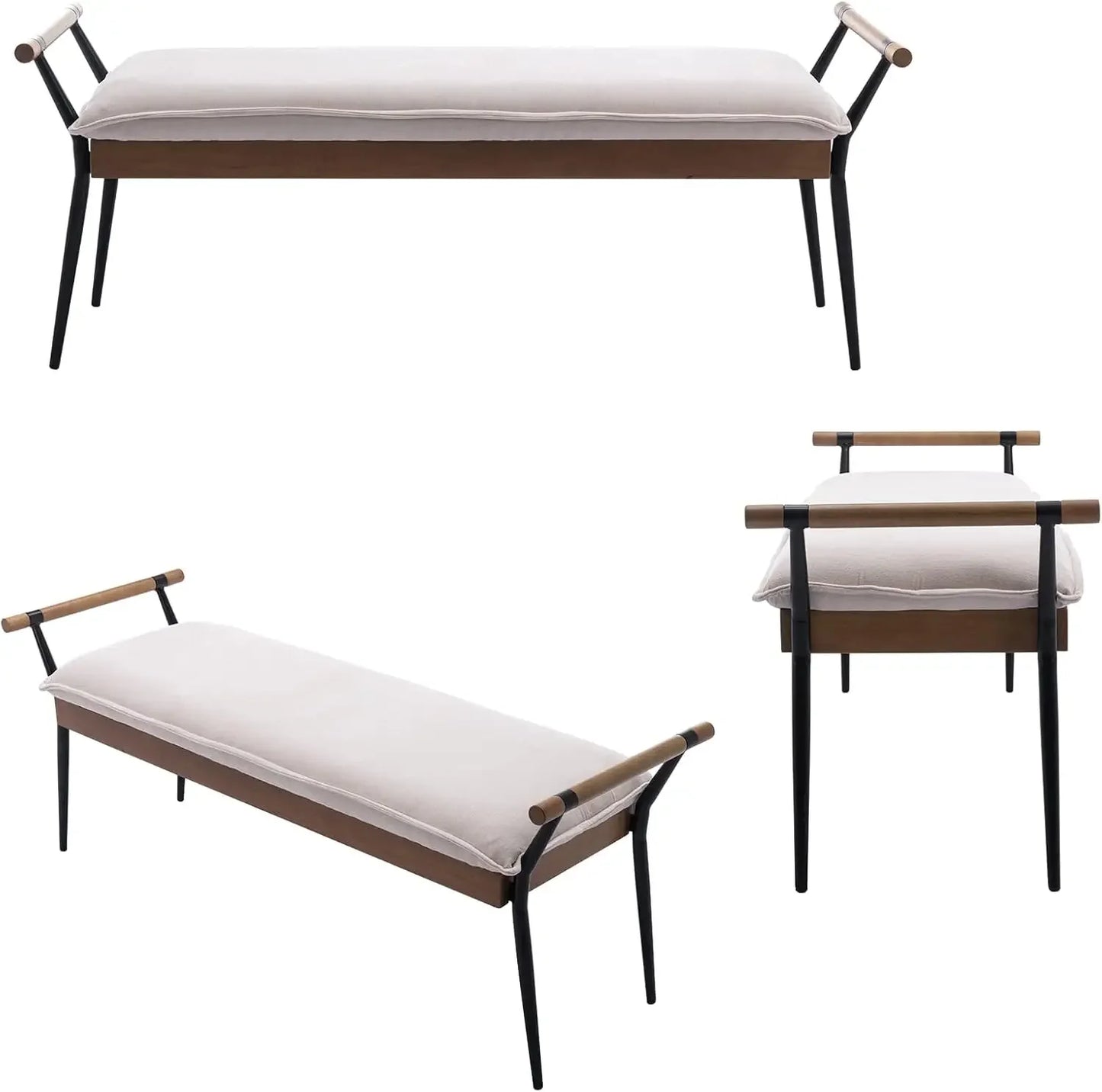 Retro Minimalist Chenille Fabric Dining Table Bench Footstool Entryway Shoe,Modern Rectangle Bench with Arms and Metal Legs