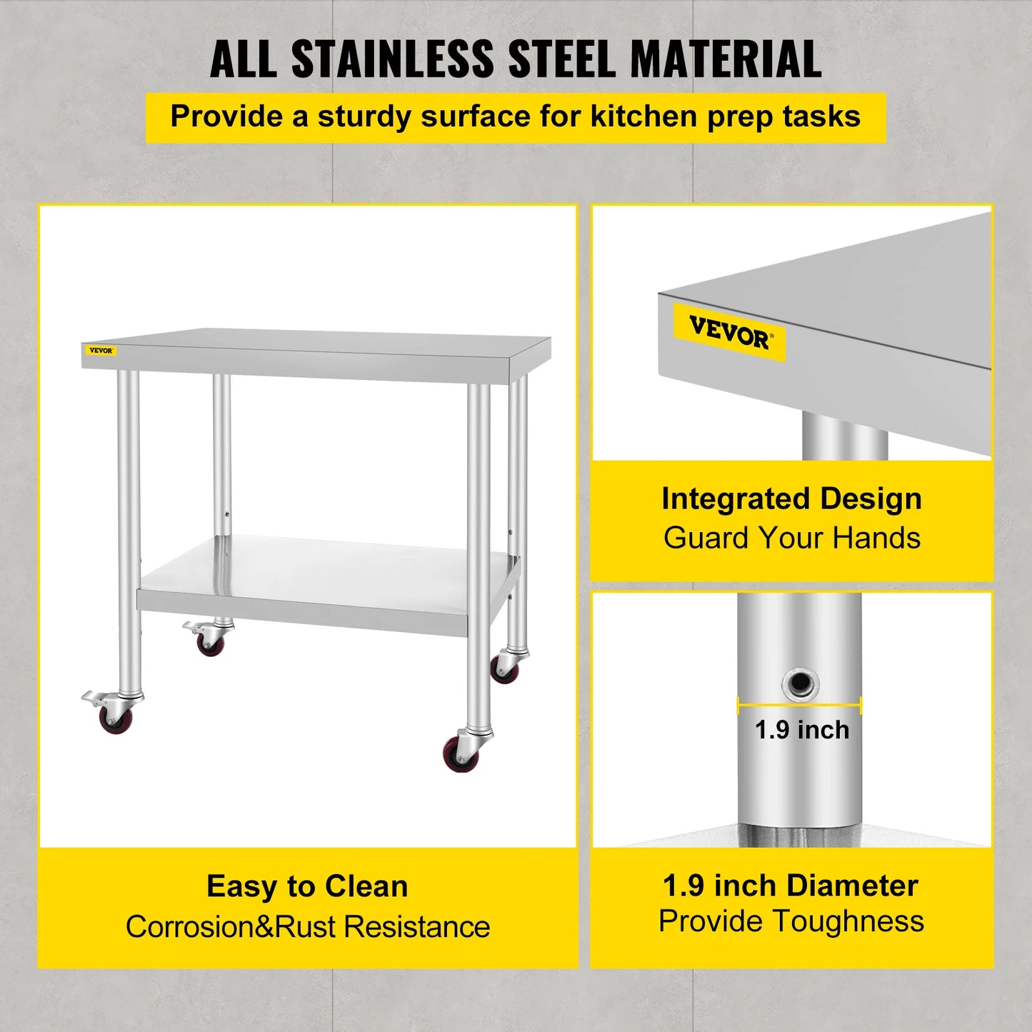 VEVOR Stainless Steel Kitchen Prep Table With 4 Caster Wheels & Backsplash Loads Up to 100KG-300KG for Home Storage Rack Dining