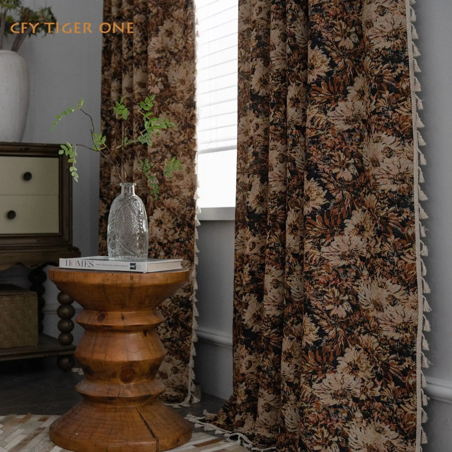 Cotton Linen American Vintage Sunflower Oil Painting Window Curtain Thick Blackout Tassel Drapes Curtains for Living Room