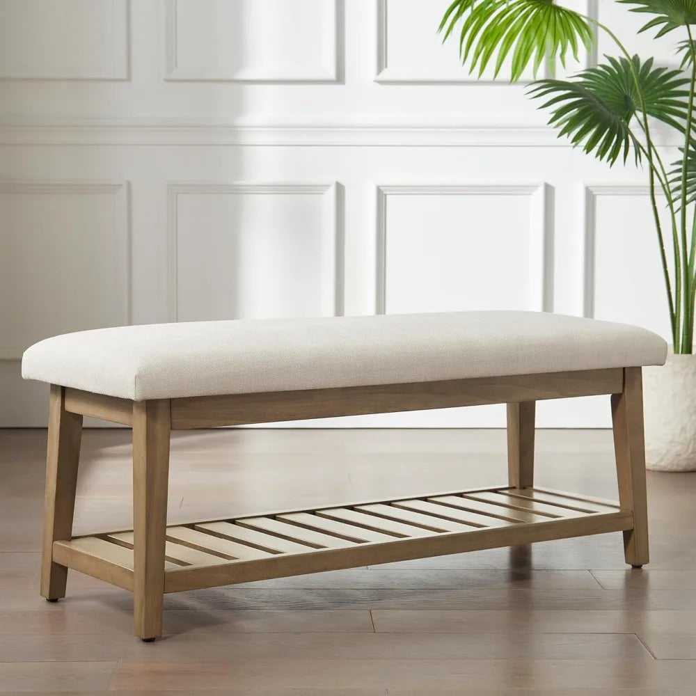 Entryway Bench, End of Bed Bench, Chenille Upholstered Shoe Bench for Bedroom, Ottoman Bench with Solid Wood Shelf, Storage Benc