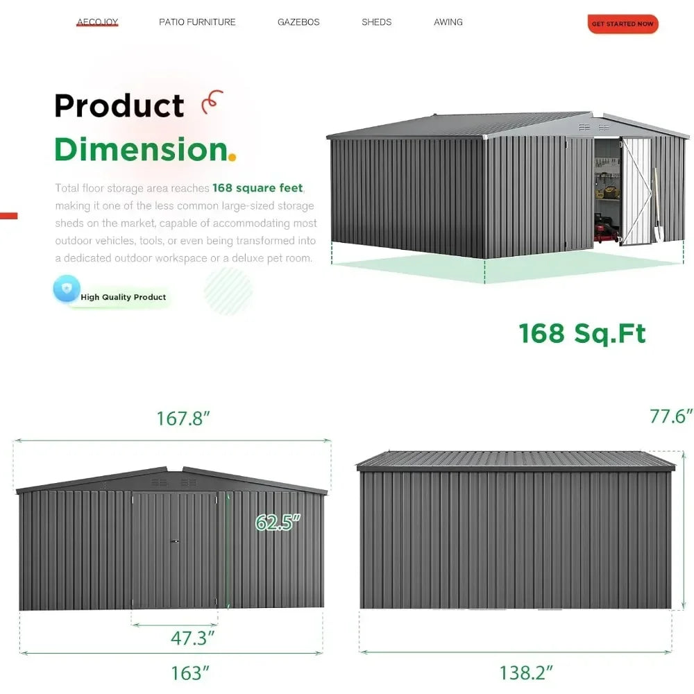 14' x 12' Storage Shed Metal Lockable Doors Large Steel Yard Shed Utility Tool Storage for Garden, Patio, Outside use in Dark
