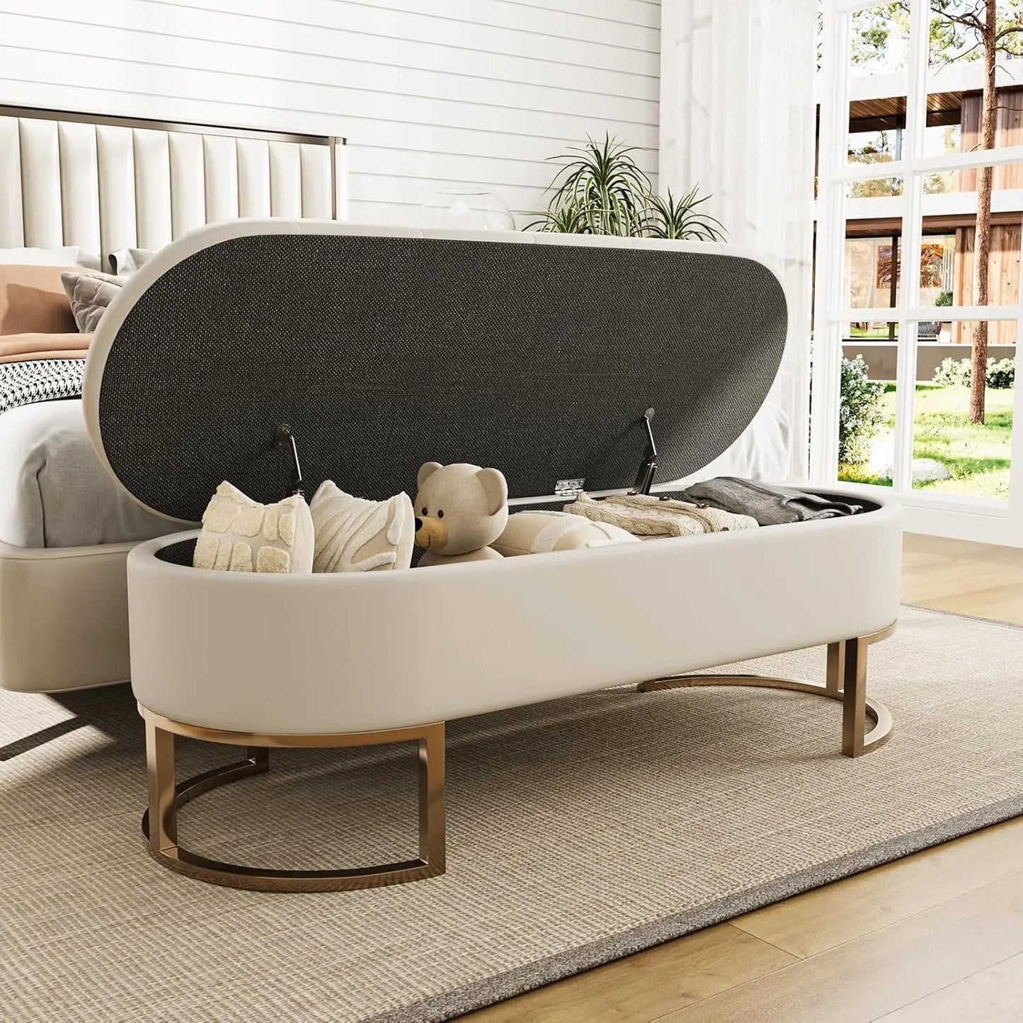 LUX 50''L Ottoman Storage Bench Upholstered Leather with Metal Legs