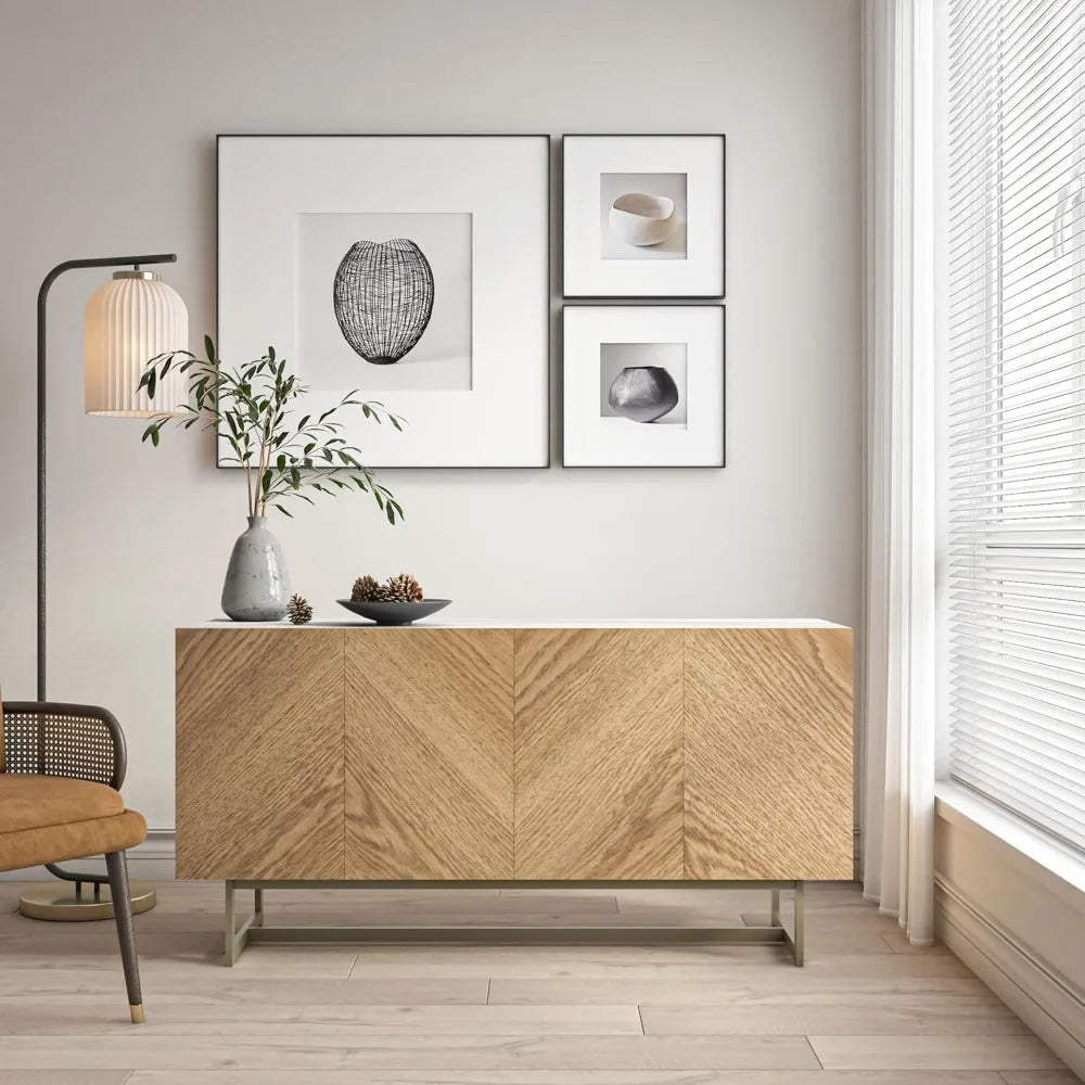 Mid Century Modern TV Stand for TVs up to 65", Herringbone Sideboard Buffet Cabinet Credenza, Marble Top Media Console