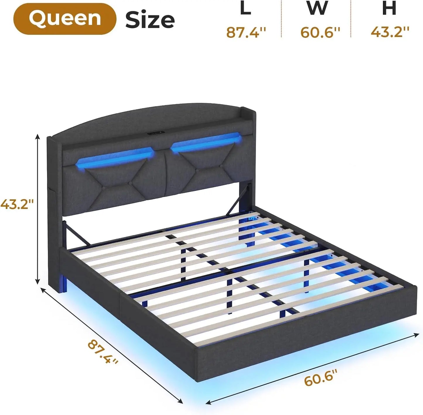 Floating Queen Bed Frame with Charging Station & Hidden Storage Headboard, RGB Floating Platform Bed Dark Grey