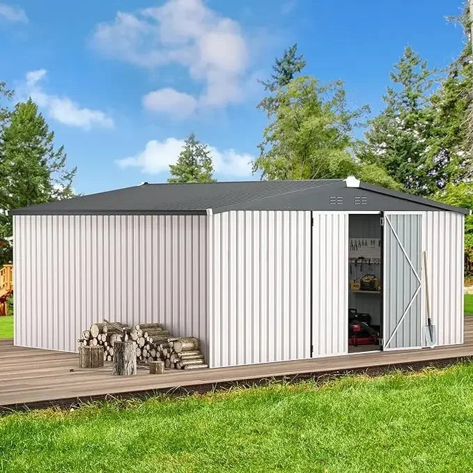 14' x 12' Storage Shed Metal Lockable Doors Large Steel Yard Shed Utility Tool Storage for Garden, Patio, Outside use in Dark