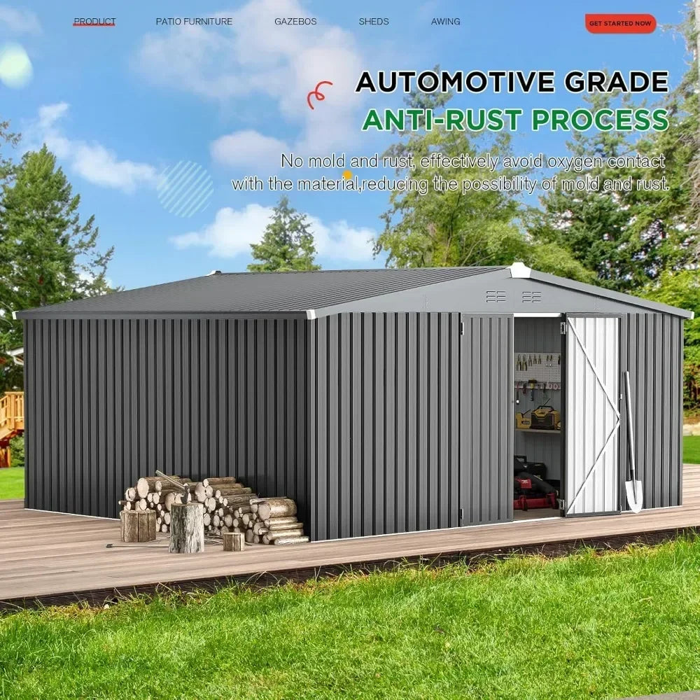 14' x 12' Storage Shed Metal Lockable Doors Large Steel Yard Shed Utility Tool Storage for Garden, Patio, Outside use in Dark