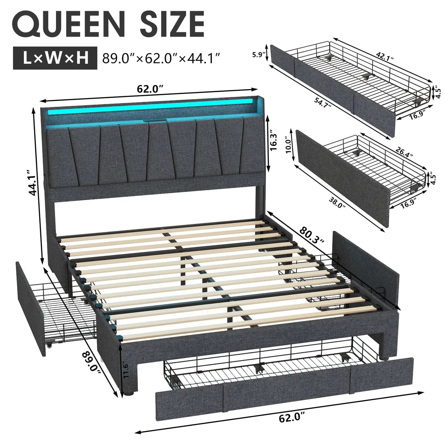 Vabches Queen Bed Frame with Storage Headboard&LED Lights Upholstered Platform Bed Frame with 3 Drawers&Power Outlet for Bedroom