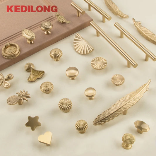 European style minimalist solid brass cabinet pull handle classical light luxury drawer gold knob cabinet door long handle - LUXHOME