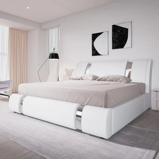 King Size Bed Frame with Iron Piece Decor, Faux Leather Upholstered Platform Bed with Curved Adjustable Headboard, Modern White