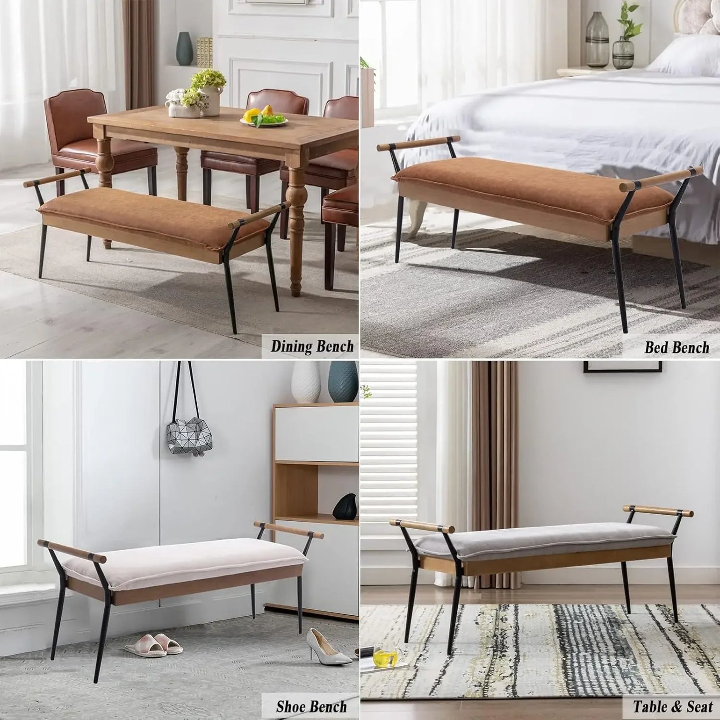 Retro Minimalist Chenille Fabric Dining Table Bench Footstool Entryway Shoe,Modern Rectangle Bench with Arms and Metal Legs