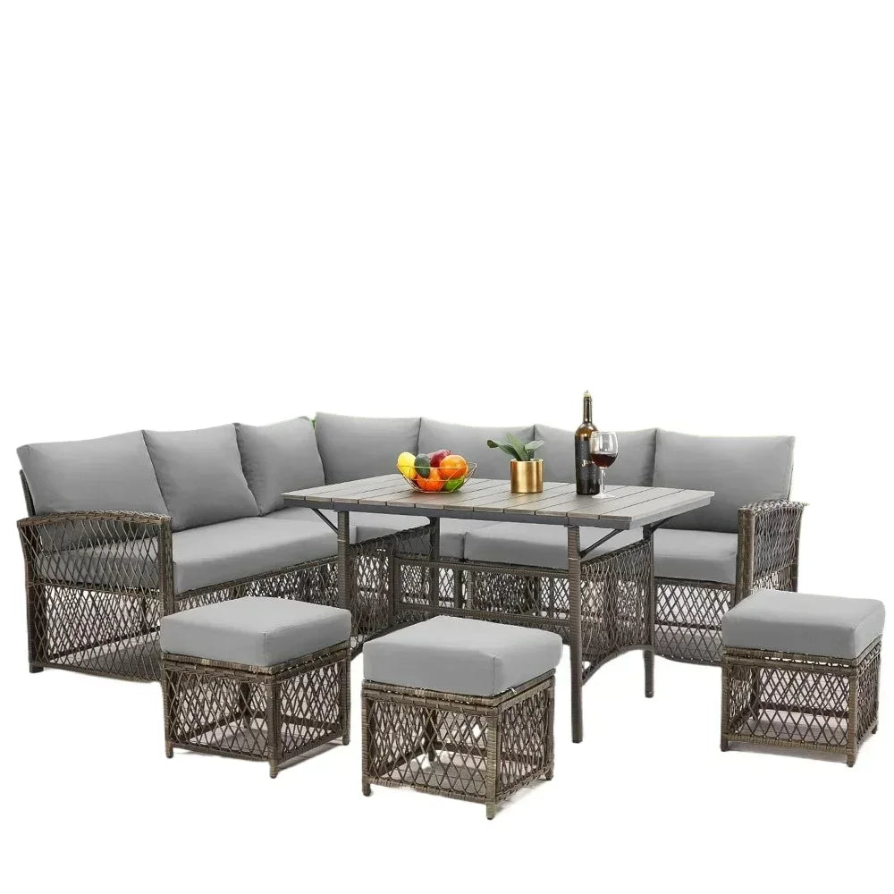 Patio Furniture Set, 7 Pieces Wicker Outdoor Sectional Sofa with High Table and Chairs, Dining Set with Ottoman for Garden