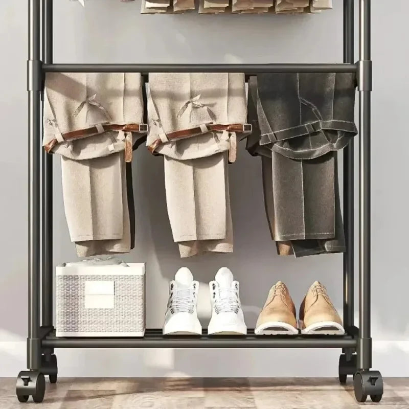 Coat Rack Movable Double Clothes Shelf Simple Rod Clothes Floor-Standing Bedroom Telescopic Floor Hangers Storage Coat Rack