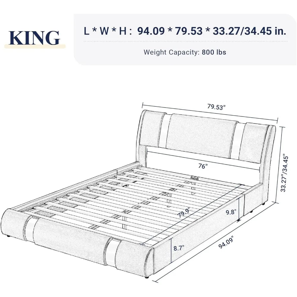 King Size Bed Frame with Iron Piece Decor, Faux Leather Upholstered Platform Bed with Curved Adjustable Headboard, Modern White