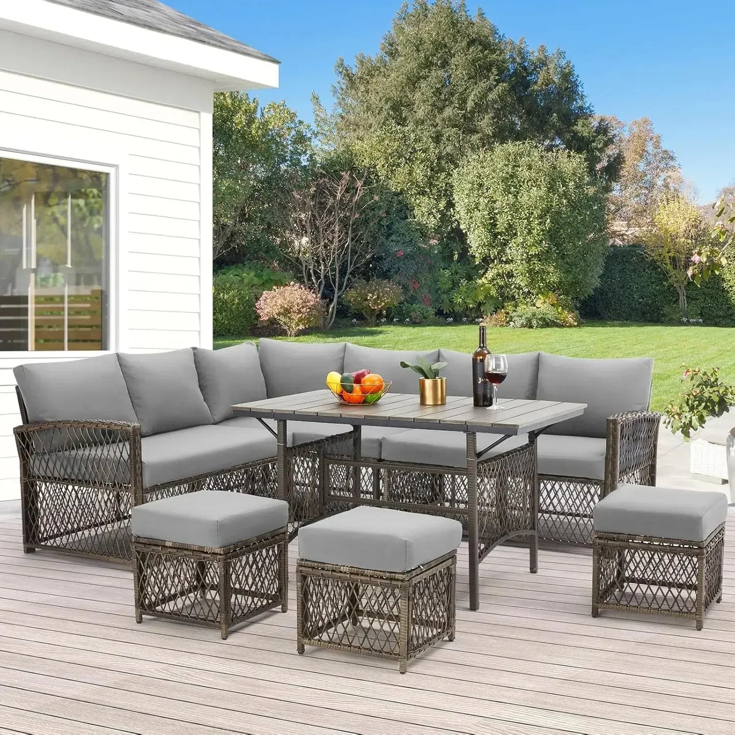 Patio Furniture Set, 7 Pieces Wicker Outdoor Sectional Sofa with High Table and Chairs, Dining Set with Ottoman for Garden