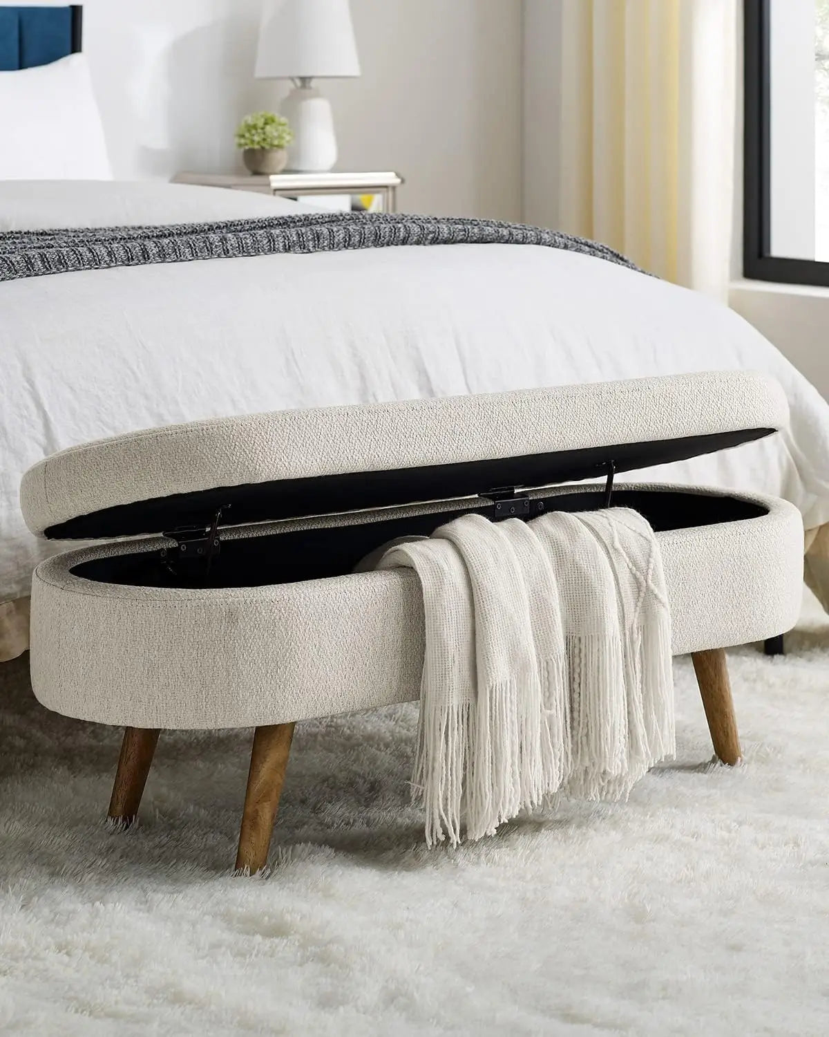 Storage Bench 43.5" Linen Fabric Upholstered Entryway Bench with Solid Wood Legs Ottoman Indoor Bench for Living Room