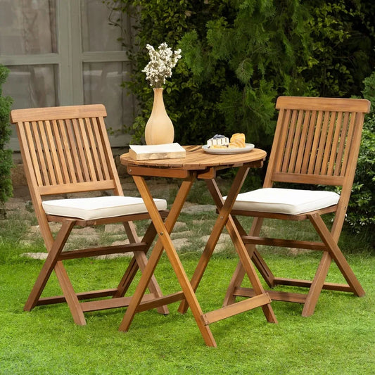 IDZO, Round Table Heavy Duty 400lbs Capacity Patio Bistro Set 3 Piece Outdoor, Folding Chairs w/Cushion - LUXHOME