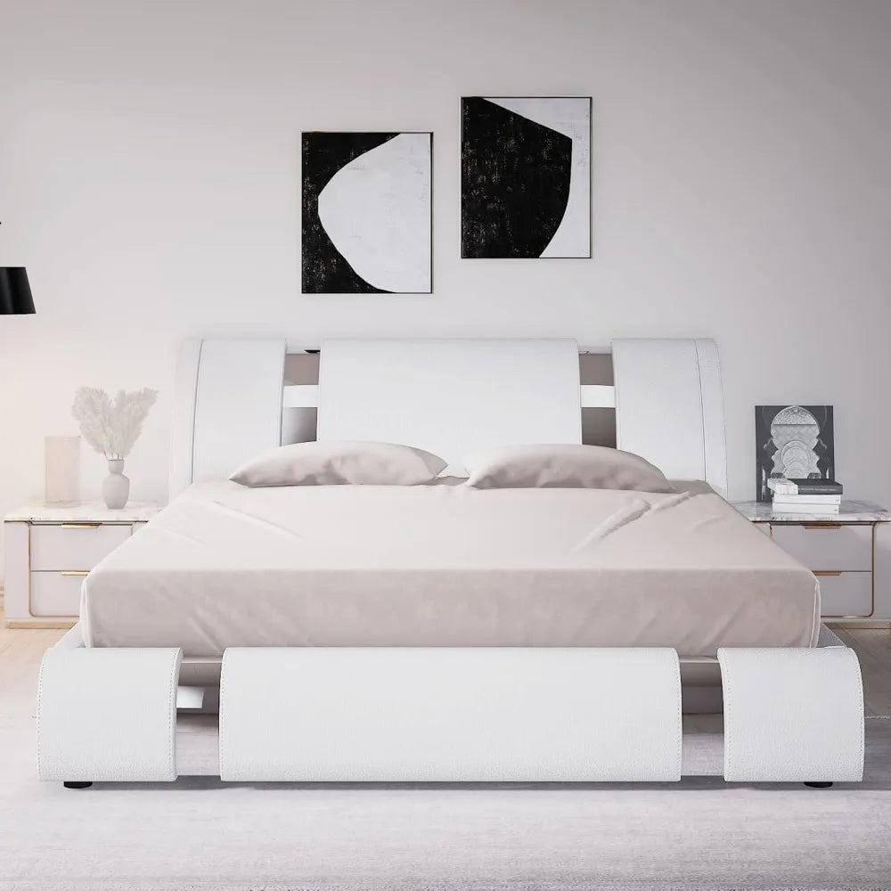 King Size Bed Frame with Iron Piece Decor, Faux Leather Upholstered Platform Bed with Curved Adjustable Headboard, Modern White