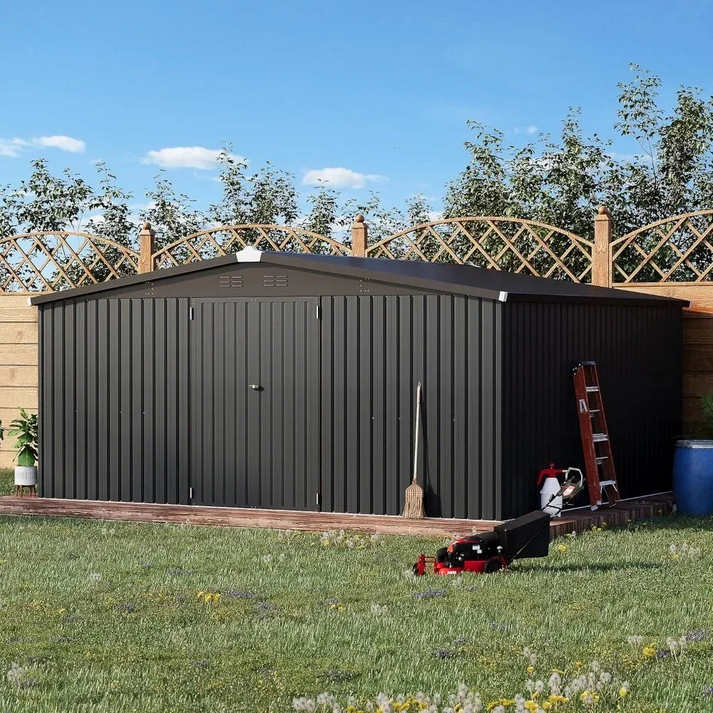14' x 12' Storage Shed Metal Lockable Doors Large Steel Yard Shed Utility Tool Storage for Garden, Patio, Outside use in Dark