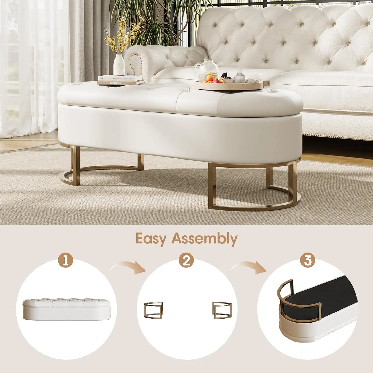 LUX 50''L Ottoman Storage Bench Upholstered Leather with Metal Legs