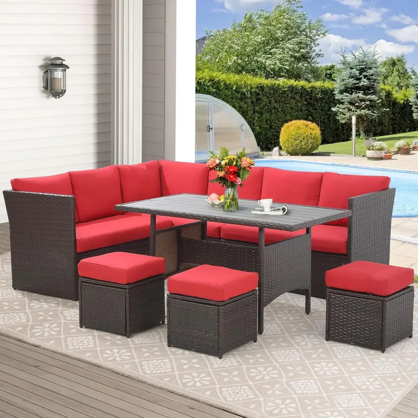 Patio Furniture Set, 7 Pieces Wicker Outdoor Sectional Sofa with High Table and Chairs, Dining Set with Ottoman for Garden