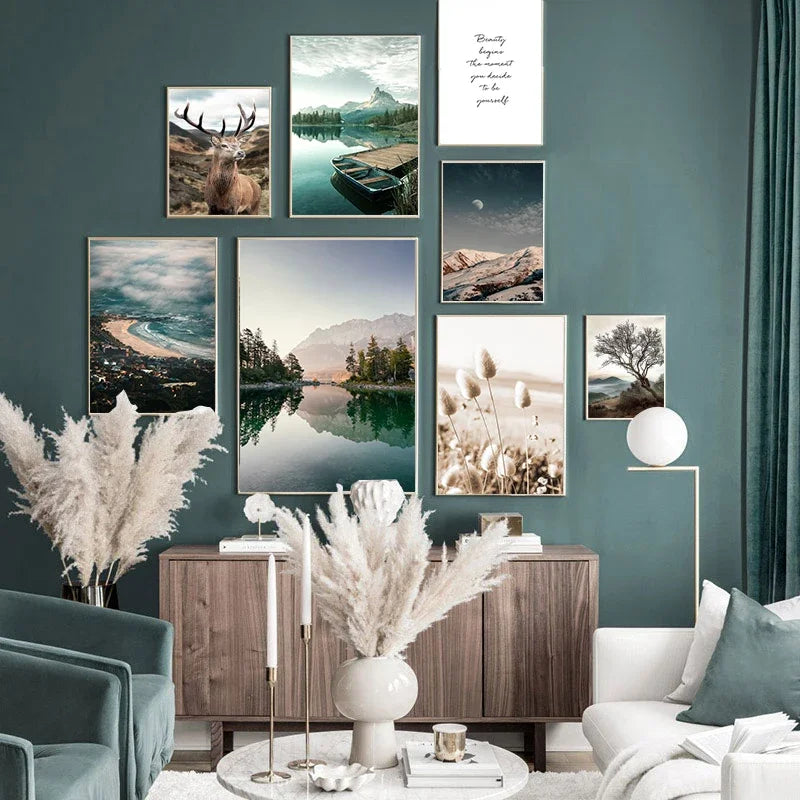Nature Landscape Picture Wall Art Silk Painting Nordic Modern Scenery Art Home Decor Poster and Print for Living Room Design
