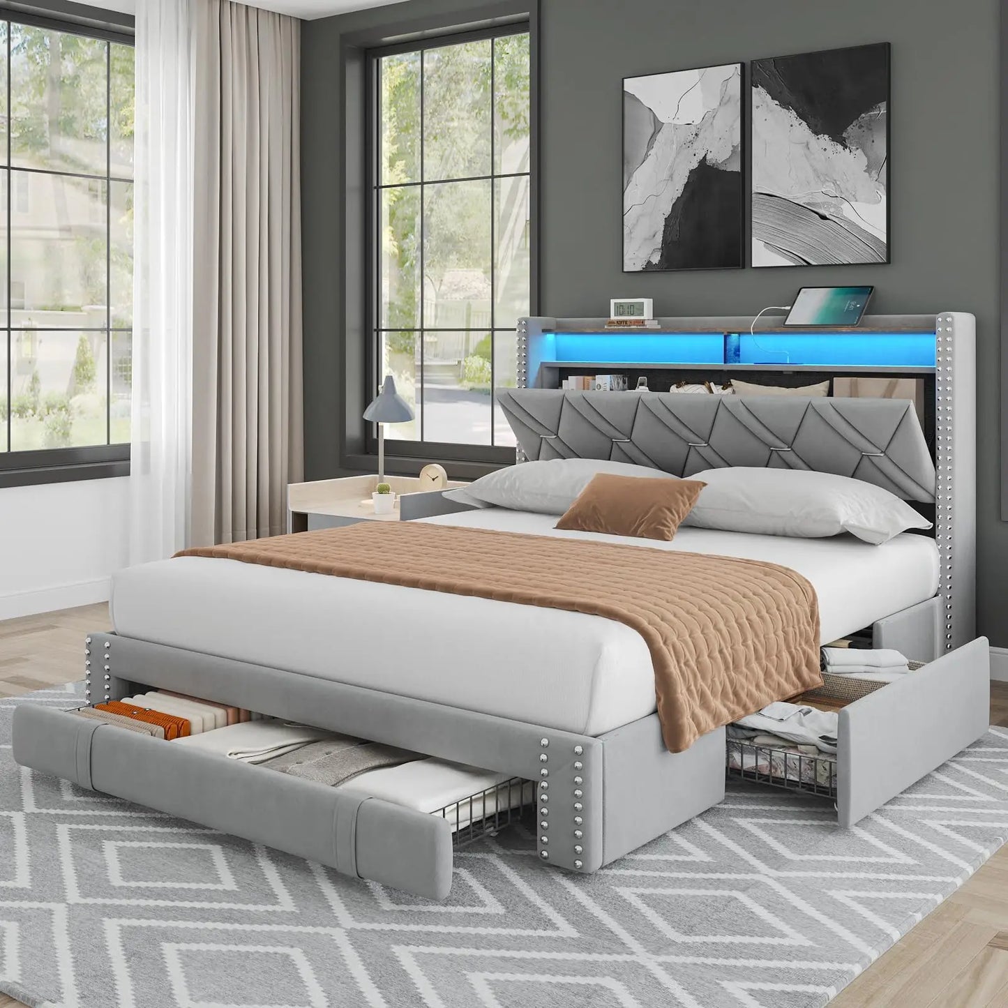 Vabches Queen Size Bed Frame with LED Lights&Storage Headboard Upholstered Platform Bed Frame with 3 Drawer&Power Outlet Bedroom