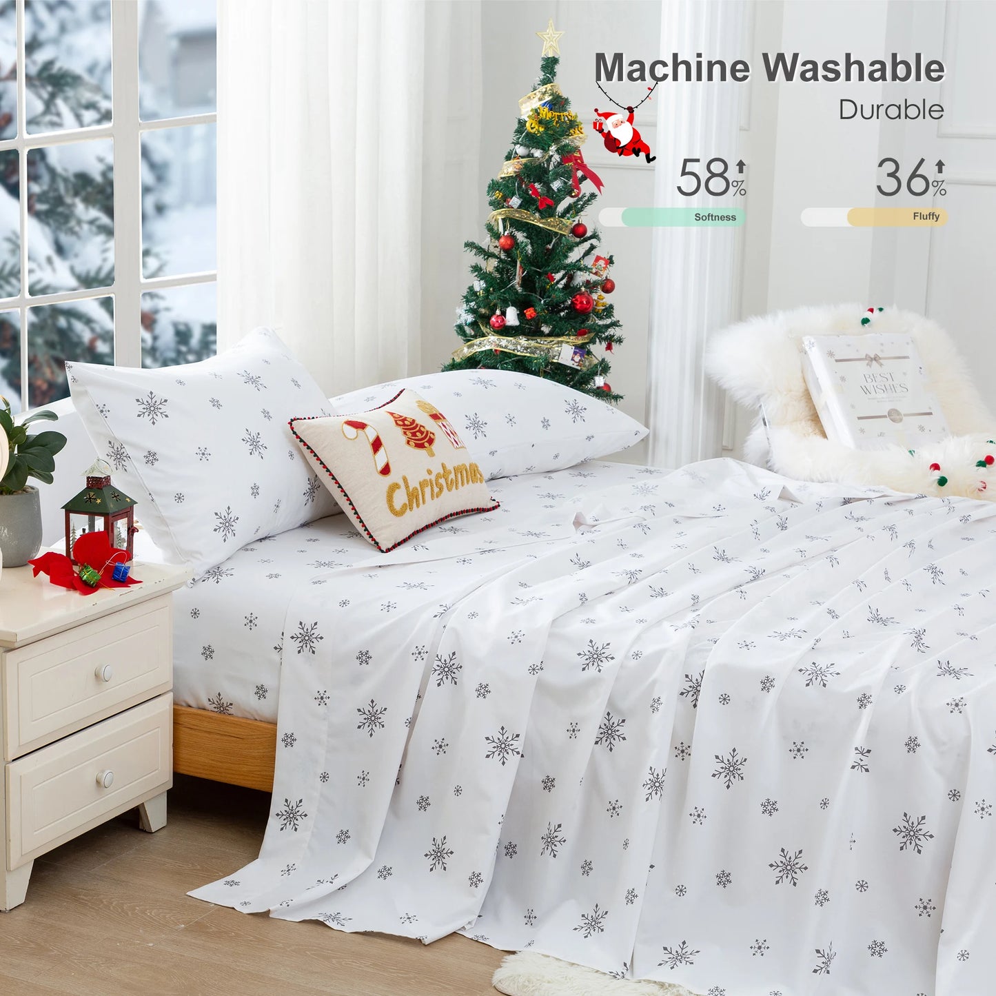 Durability & All Season Use Ultra-Soft Washed Bedding Comforter Sets Bed, White snowflake pattern California King Size
