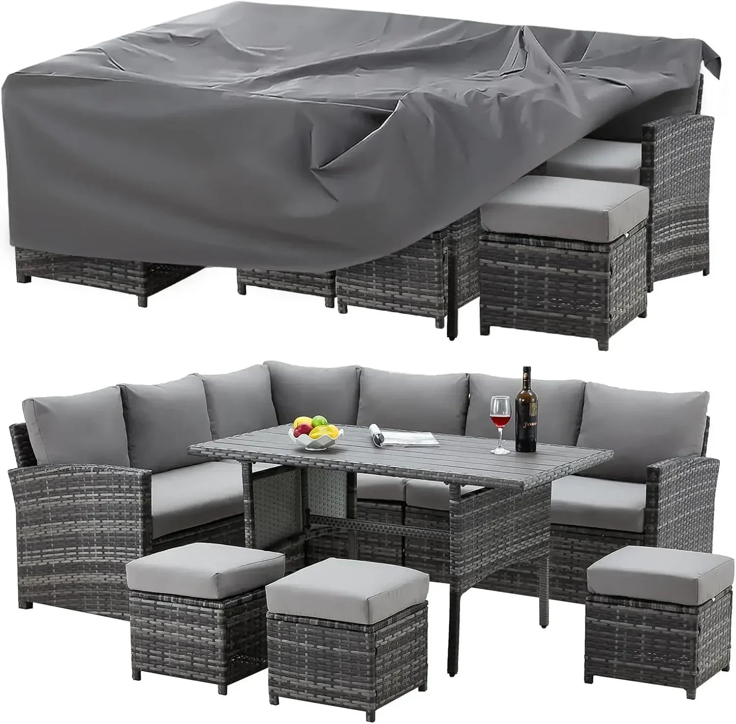 Patio Furniture Set, 7 Pieces Wicker Outdoor Sectional Sofa with High Table and Chairs, Dining Set with Ottoman for Garden