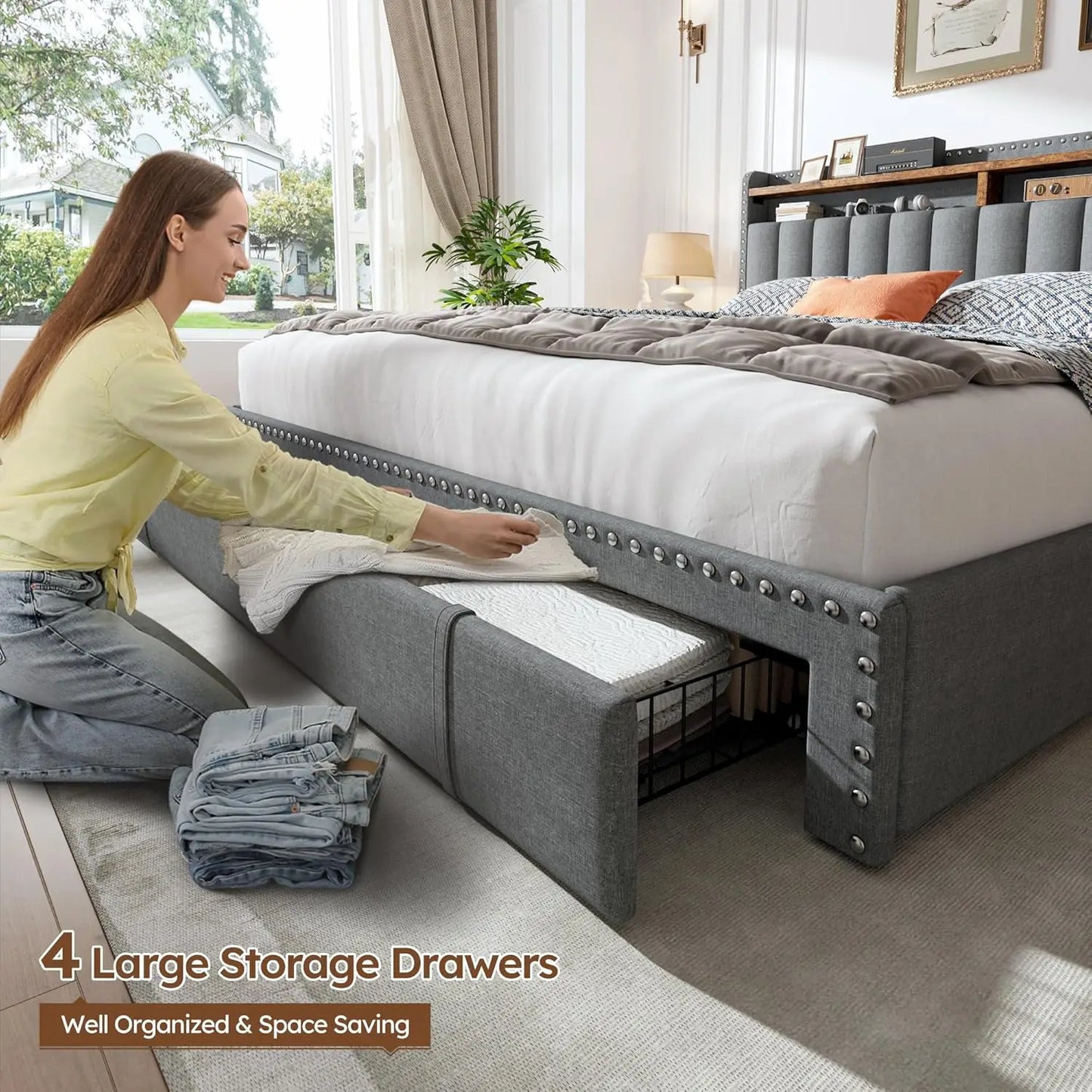 Queen Bed Frame with 3 Drawers Upholstered Bed Frame Size with Headboard,Size Frame, Frame with