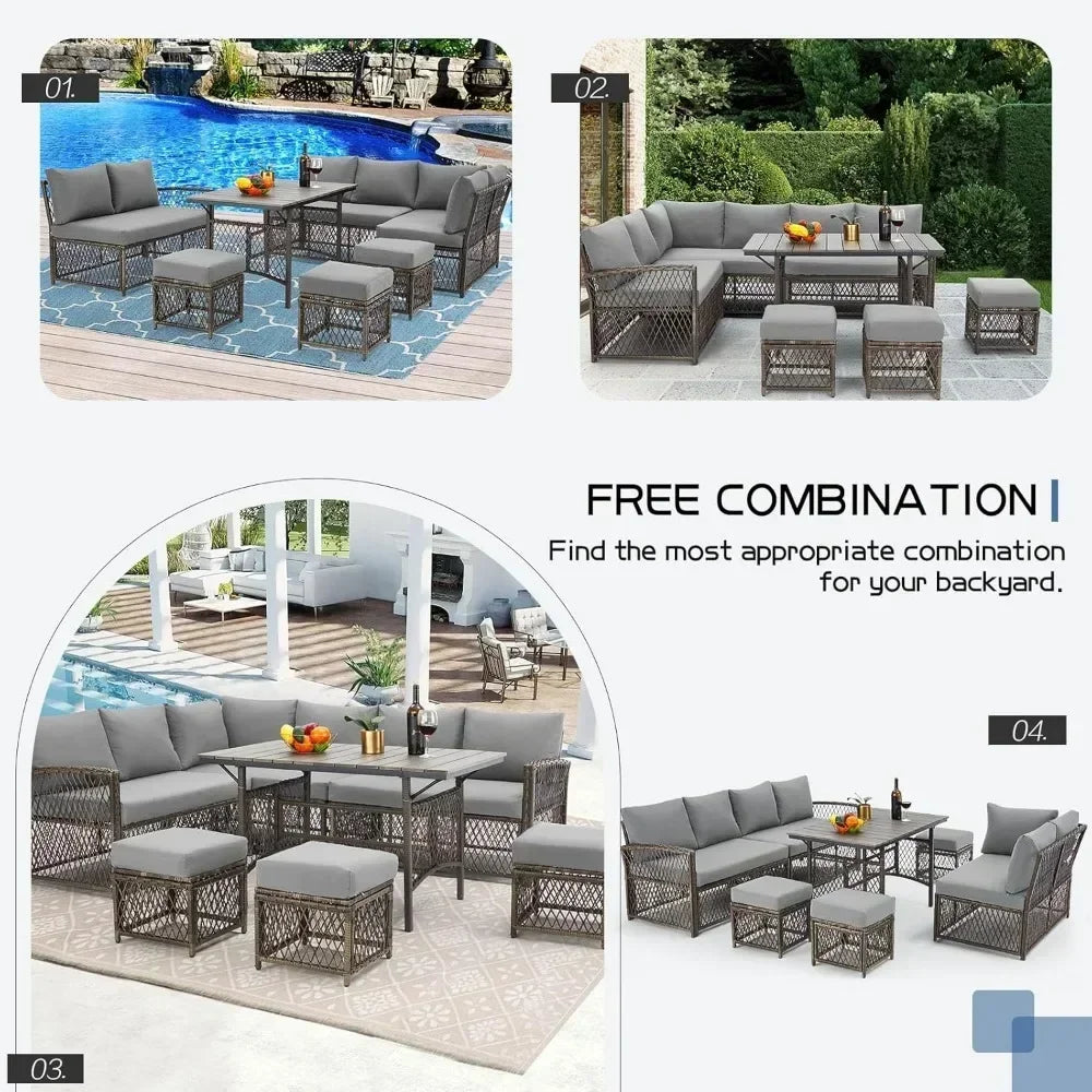 Patio Furniture Set, 7 Pieces Wicker Outdoor Sectional Sofa with High Table and Chairs, Dining Set with Ottoman for Garden
