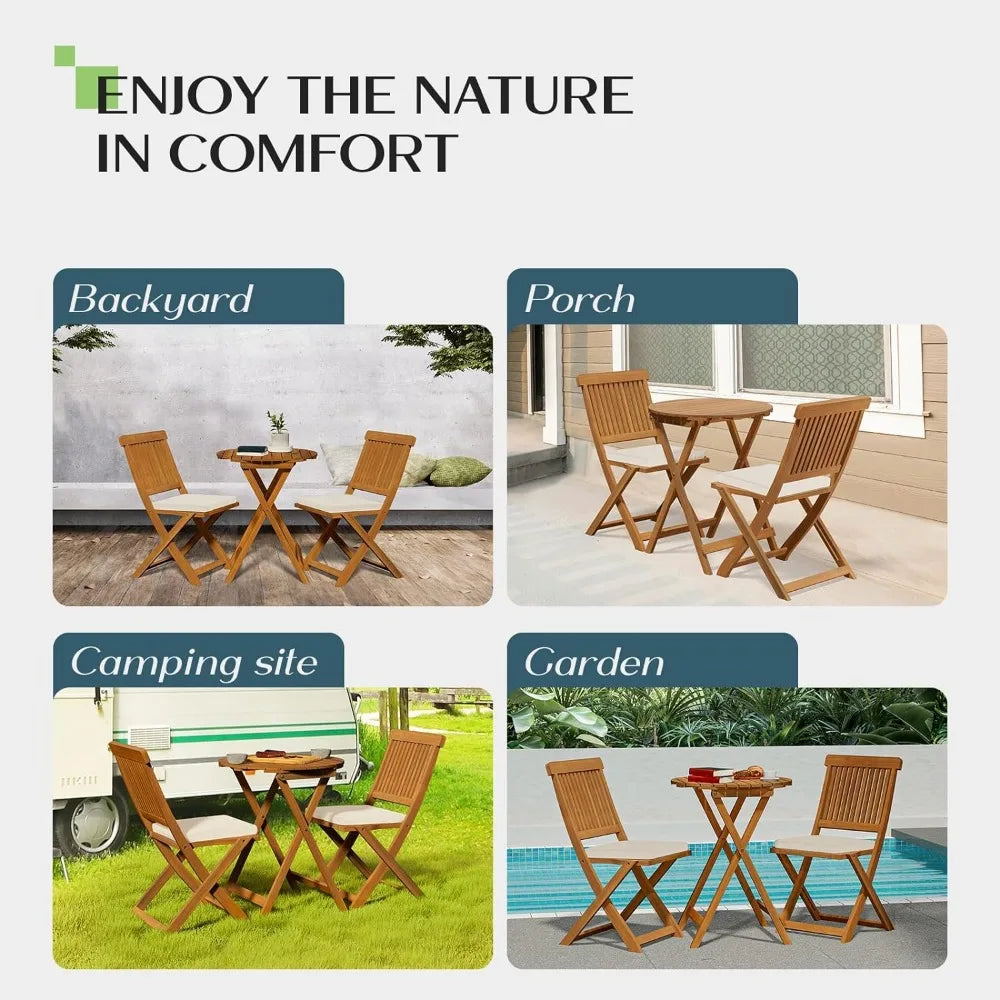 IDZO, Round Table Heavy Duty 400lbs Capacity Patio Bistro Set 3 Piece Outdoor, Folding Chairs w/Cushion - LUXHOME