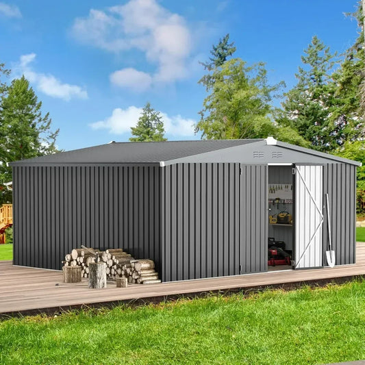 14' x 12' Storage Shed Metal Lockable Doors Large Steel Yard Shed Utility Tool Storage for Garden, Patio, Outside use in Dark