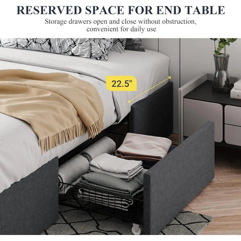 Queen Size Platform Bed Frame With 3 Storage Drawers